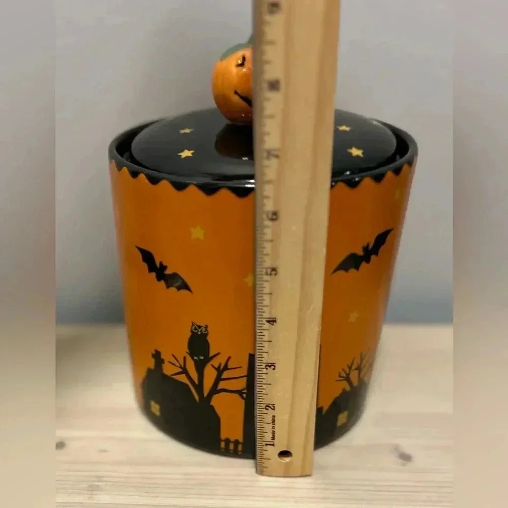 Halloween Canister Spooky Town Witch, Moon, Stars, Bats, Owl, Black Cat, Pumpkin